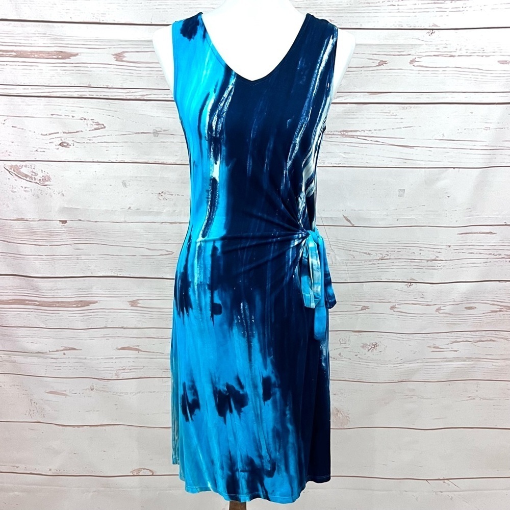 Zen Knits Turquoise Tie Dye V-neck Boho Stretch Jersey Faux Sarong Dress